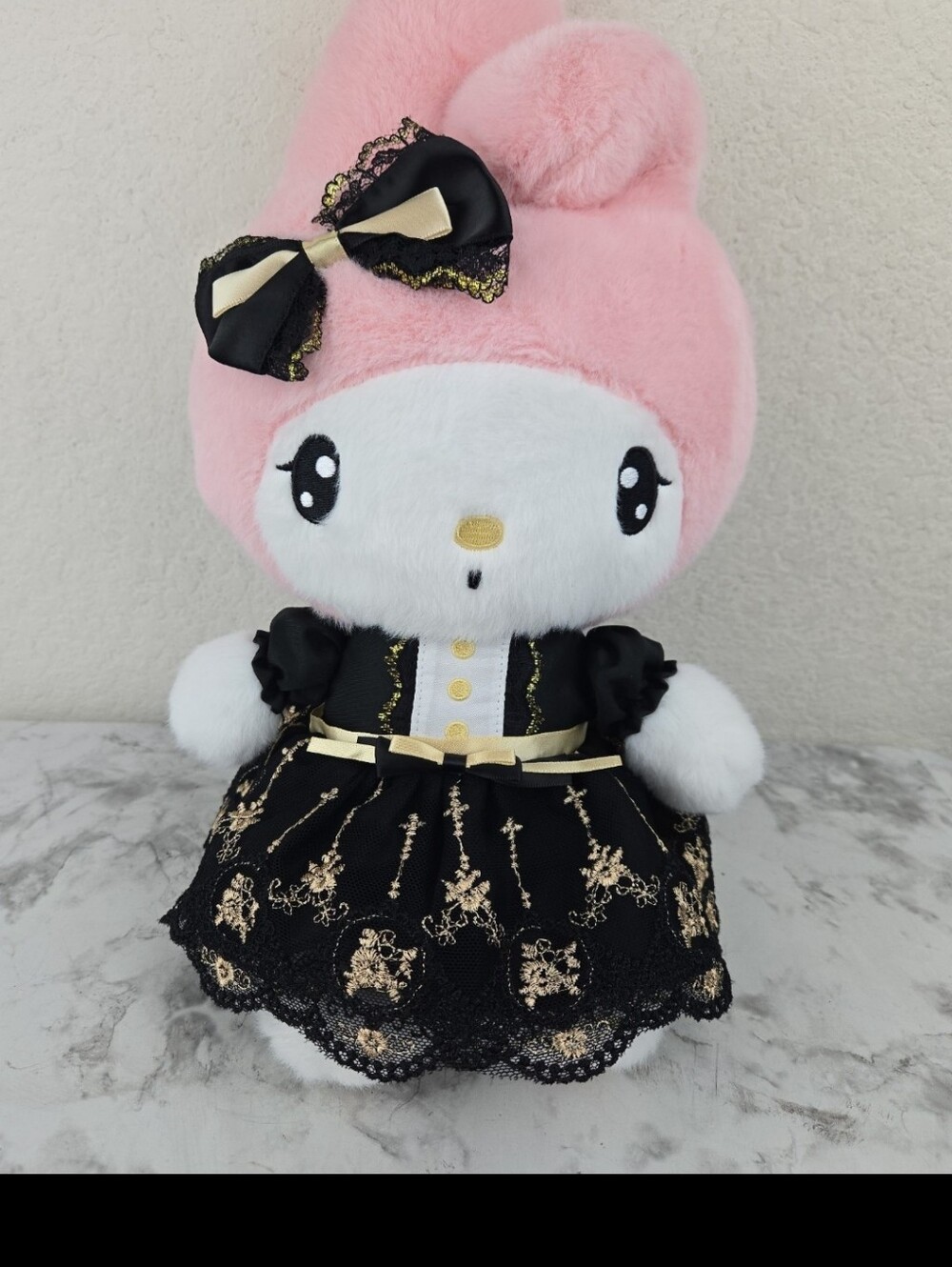 Sanrio My Melody Pink & White Plush with Black Lace Dress and Gold Trim
